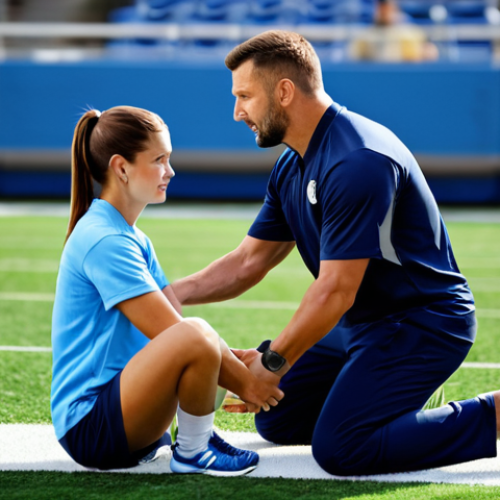 Home 6 Athletic Trainer**
"An athletic trainer, fully clothed in appropriate athletic wear, assisting a player on the sidelines during a professional sports game. The trainer is demonstrating a stretching exercise. Background shows a blurred sports field and stadium. Perfect anatomy, correct proportions, natural pose, well-formed hands, proper finger count, professional setting, safe for work, appropriate content, family-friendly."
**