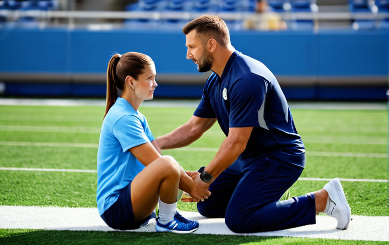 Athletic Trainer**

"An athletic trainer, fully clothed in appropriate athletic wear, assisting a player on the sidelines during a professional sports game. The trainer is demonstrating a stretching exercise. Background shows a blurred sports field and stadium. Perfect anatomy, correct proportions, natural pose, well-formed hands, proper finger count, professional setting, safe for work, appropriate content, family-friendly."

**
